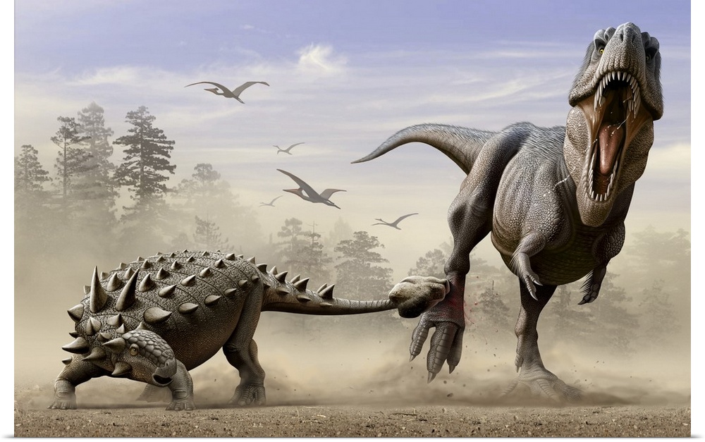 An Euoplocephalus hits T-Rex's foot by its mace like tail in self-defense.