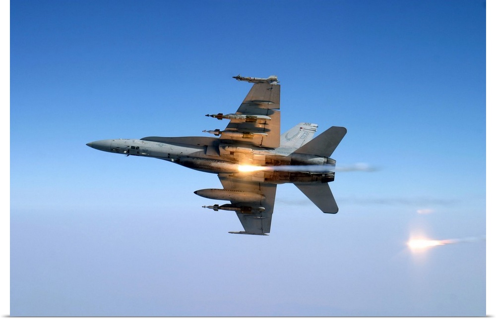 An F/A-18C Hornet aircraft tests its flare countermeasure system.