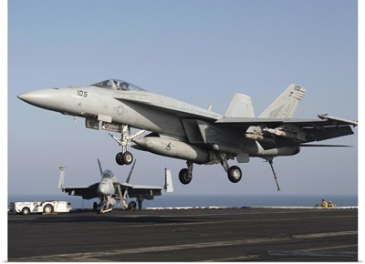 An F/A-18E Super Hornet prepares for landing aboard USS Dwight D. Eisenhower