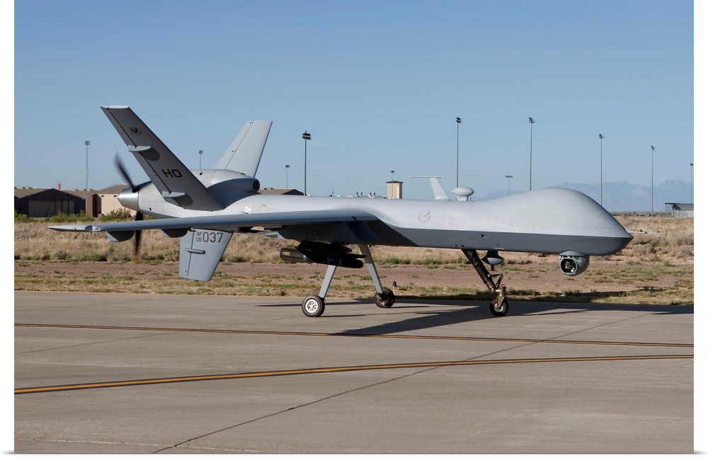 An MQ-9 Reaper taxi's to the runway at Holloman Air Force Base, New Mexico.