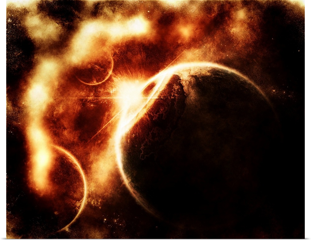 Apocalyptic view on a solar system which is being destroyed by merciless elements.