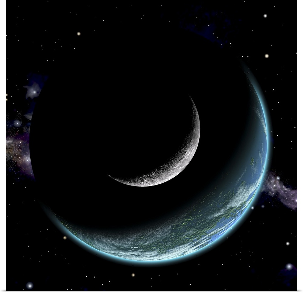 Artist's depiction of an Earth-like world with a large rocky moon orbiting.