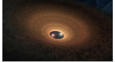 Artist's impression, disk of dusty material leftover from star formation girds two stars