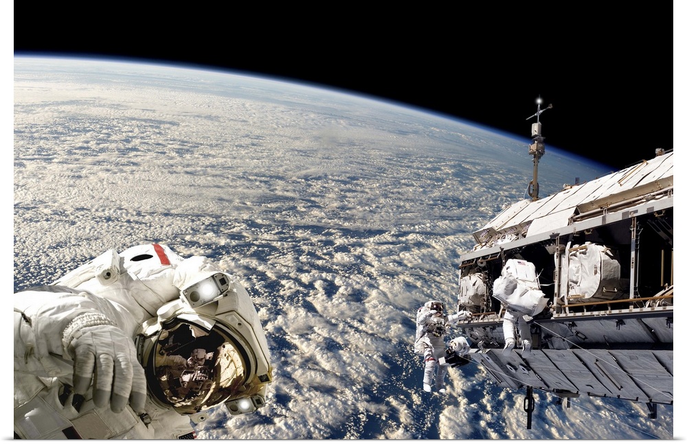 Astronauts performing work on a space station while orbiting Earth.