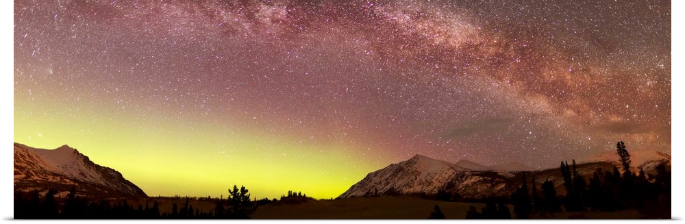 Aurora borealis, Comet Panstarrs and Milky Way over Carcross Desert, Carcross, Yukon, Canada.