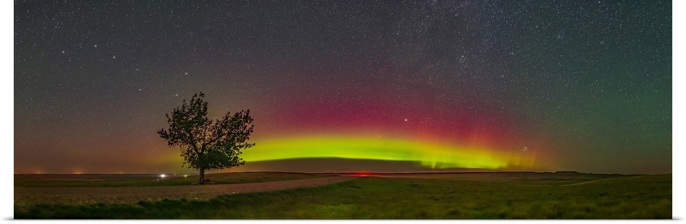 August 26, 2019 - A panorama of the arc of northern lights from Grasslands National Park, Saskatchewan, Canada, from the T...