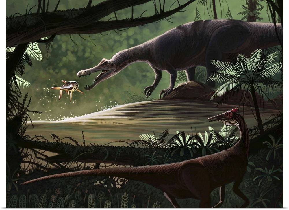 Baryonyx walkeri fishing on the migration of Catharus, while a Pelecanimimus polyodon prowls the opposite bank, in a river...