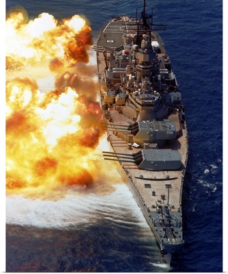 Battleship USS Iowa firing its Mark 7 16-inch/50-caliber guns