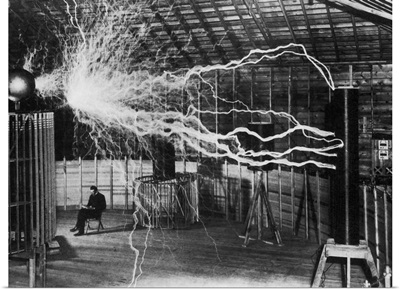 Bolts of electricity discharging in the lab of Nikola Tesla