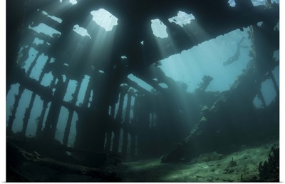 Bright sunlight pierces a shallow World War II shipwreck