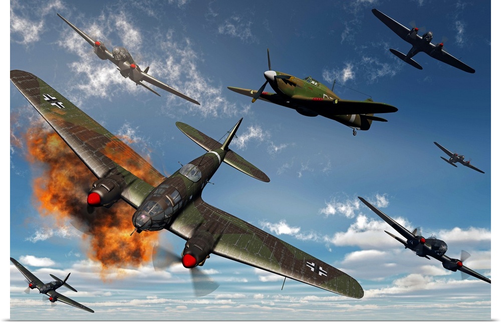 Artist's concept illustrating British Hawker Hurricane fighter planes attacking German Heinkel He 111 bombers.