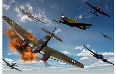 British Hawker Hurricane aircraft attack a German Heinkel He 11 bomber