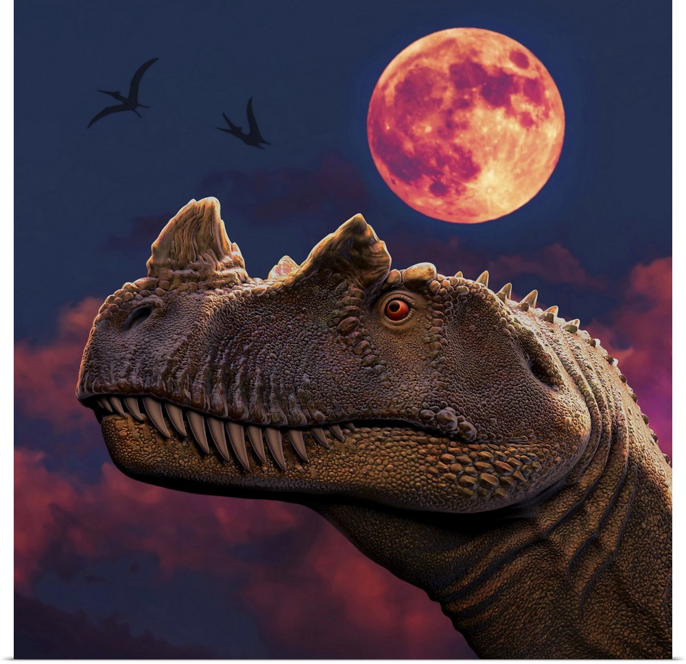 Ceratosaurus dinosaur portrait at night.
