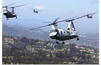 CH-46E Sea Knight helicopters fly over San Diego, California