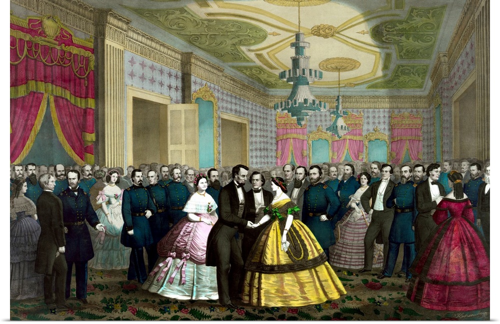 Vintage Civil War era color print of President Abraham Lincoln and Mary Todd Lincoln during their last reception at the Wh...