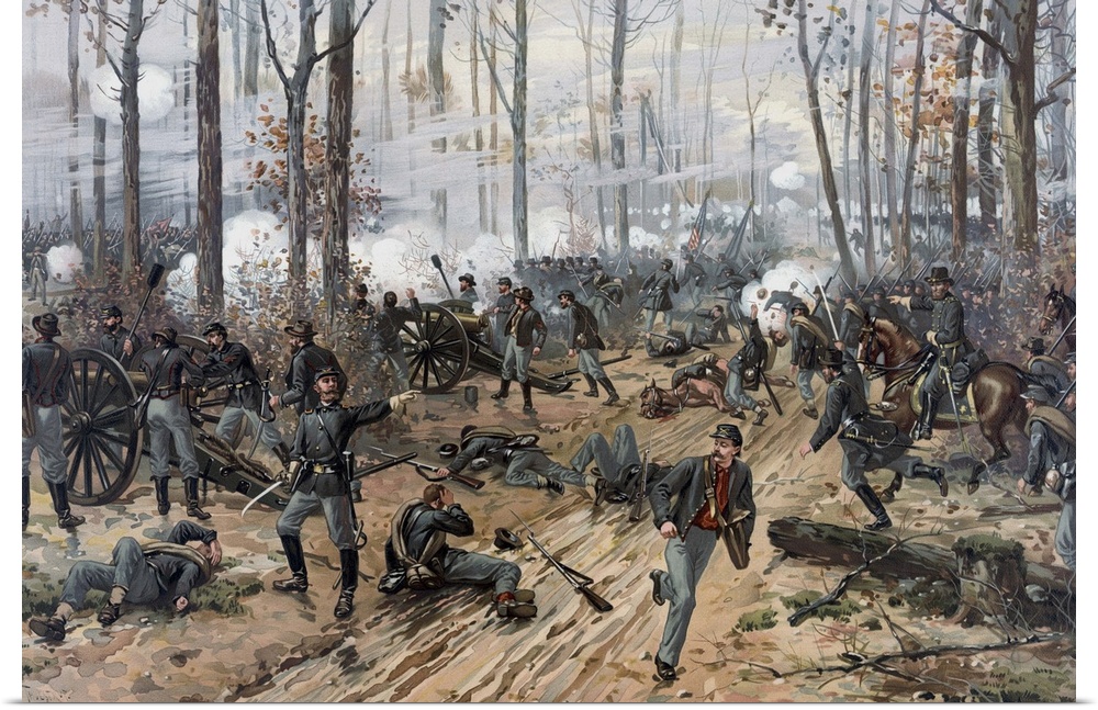 Civil War painting of Union and Confederate troops at The Battle of Shiloh.