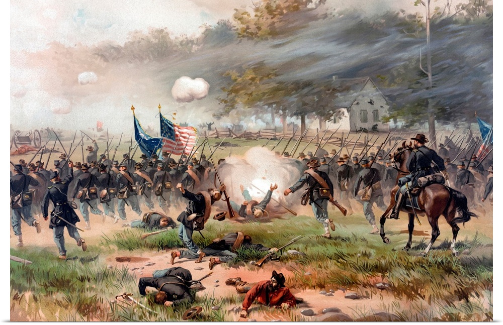 Vintage Civil War painting of Union and Confederate troops fighting at The Battle of Antietam, also known as the Battle of...