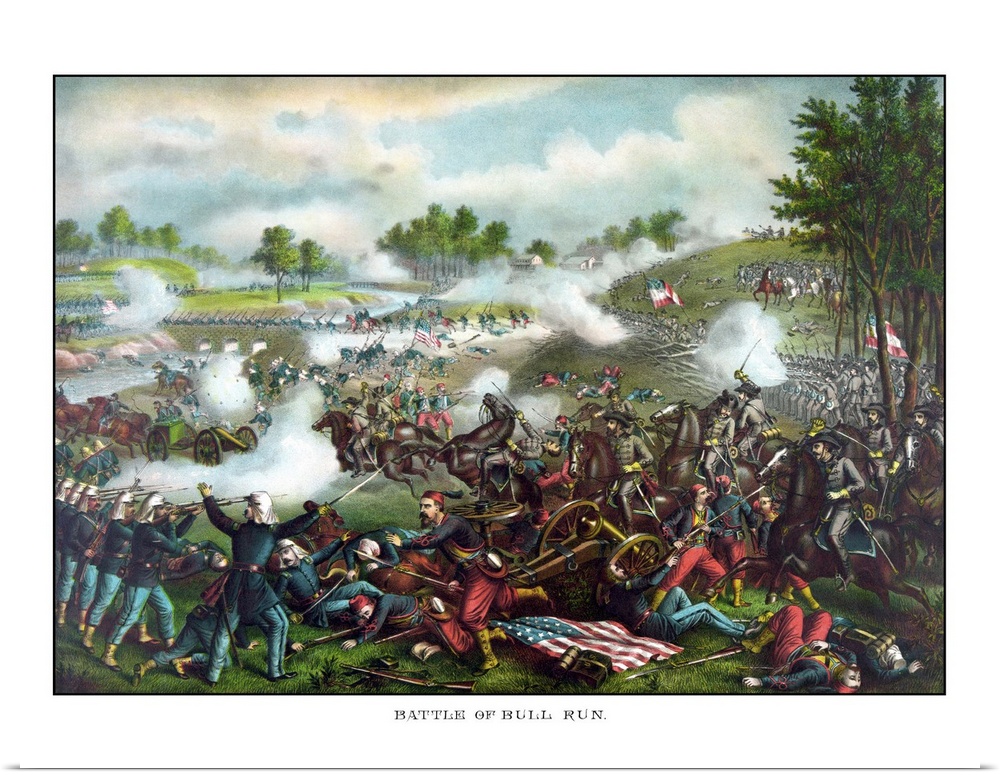Vintage Civil War painting of Union and Confederate troops fighting at The Battle of Bull Run, also known as The Battle of...