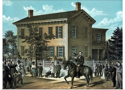 Civil War print of Abraham Lincoln riding on horseback as a crowd cheers