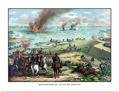 Civil War print showing the Naval Battle of the Monitor and The Merrimack