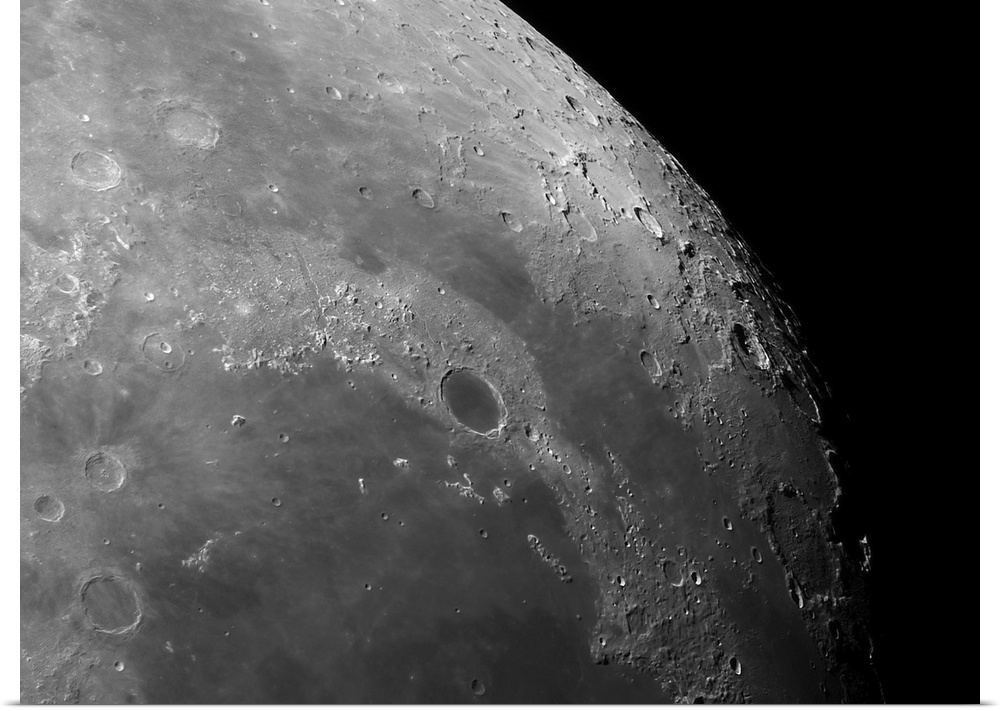 Close-up view of the moon showing impact crater Plato.
