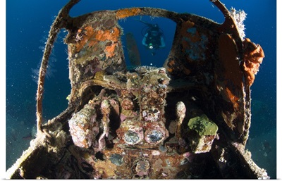 Cockpit of a Mitsubishi Zero fighter plane wreck underwater
