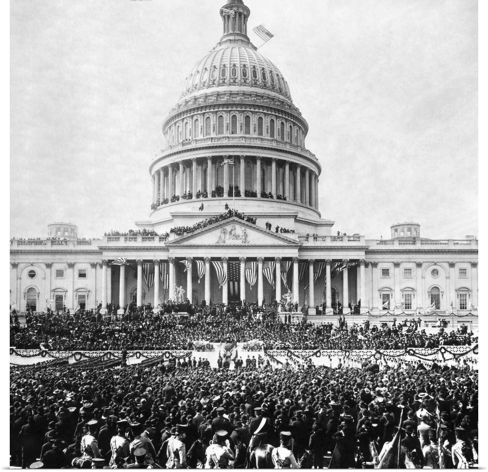 March 4, 1905 - Large crowds gathered outside the U.S. Capitol building for Theodore Roosevelt's second inauguration.