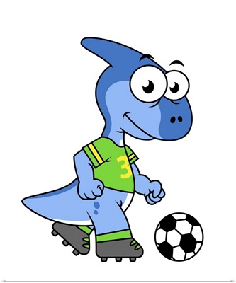 Cute illustration of a Parasaurolophus playing soccer