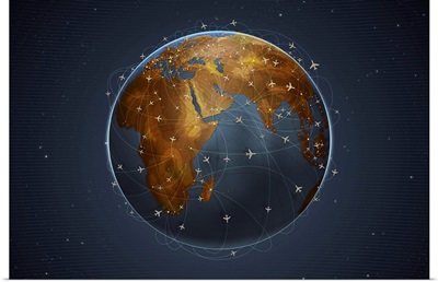 Digitally generated image of airline flight paths around the globe