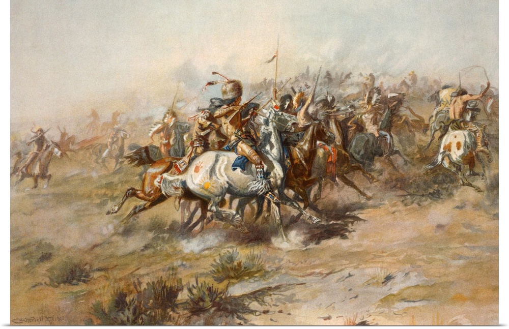 Digitally restored American history print of the Battle of Little Bighorn from the Native American perspective.