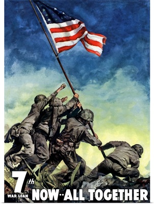 Digitally restored vector war propaganda poster. 7th War Loan, Now All Together