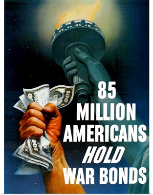 Digitally restored vector war propaganda poster. 85 million Americans hold war bonds