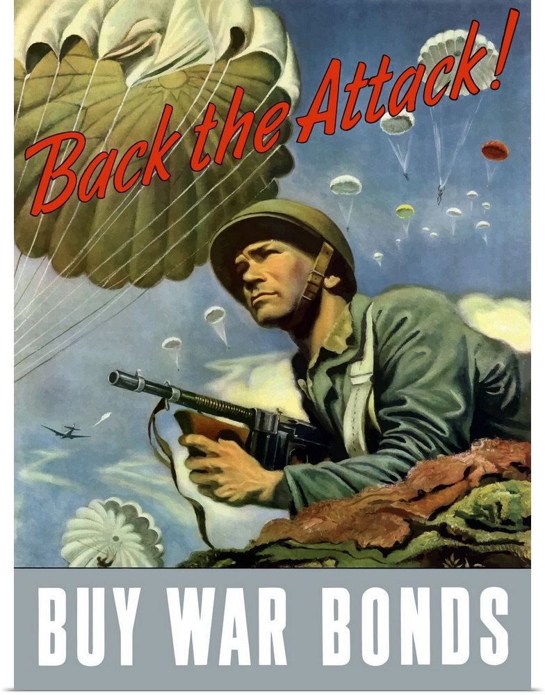 Digitally restored vector war propaganda poster. This vintage World War Two poster features an American paratrooper holdin...