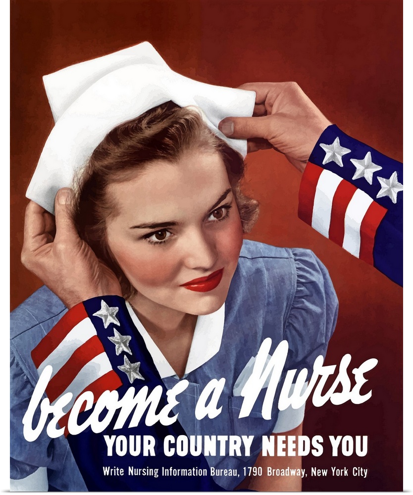A vintage World War Two poster featuring Uncle Sam placing a hat on a smiling nurse.