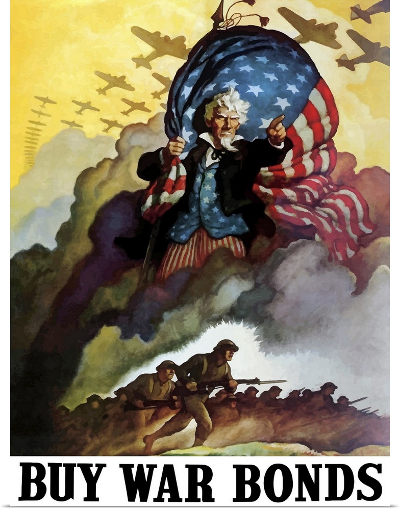 This vintage World War Two poster features Uncle Sam holding an American Flag and urging troops and bombers forward into b...