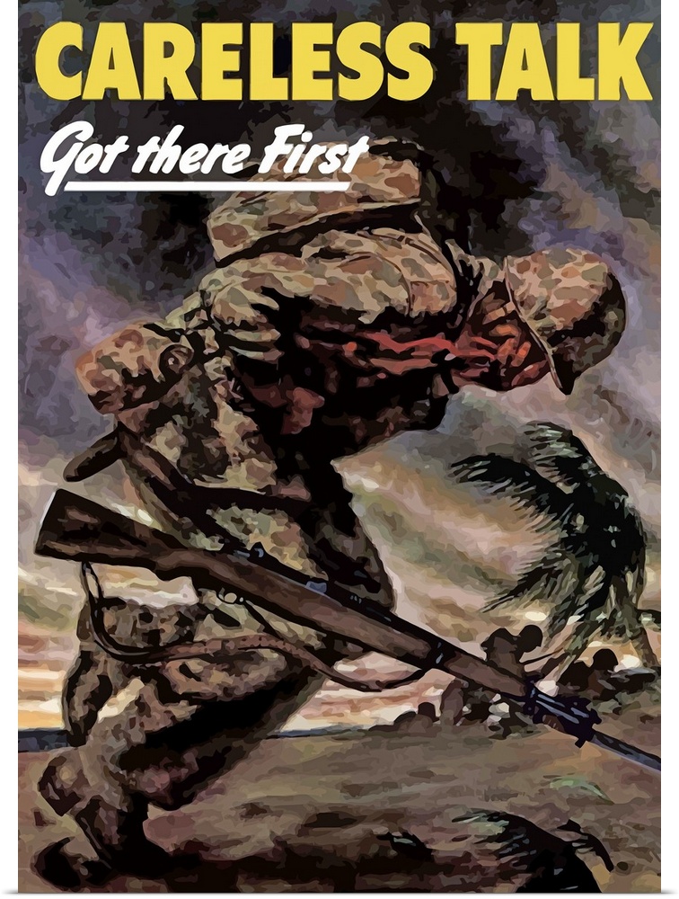 Digitally restored vector war propaganda poster. This vintage World War Two poster features an American soldier being gunn...