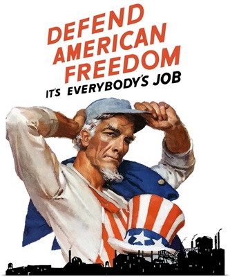 Digitally restored vector war propaganda poster. Defend American Freedom