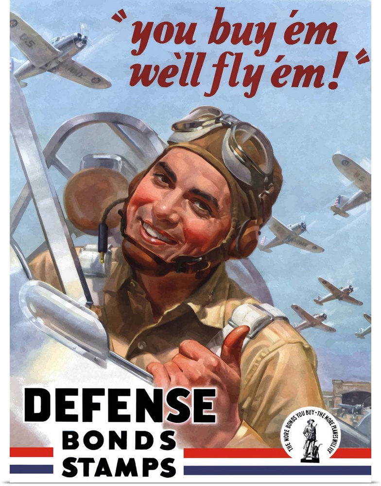Digitally restored vector war propaganda poster. This vintage World War Two poster features an American fighter pilot, giv...