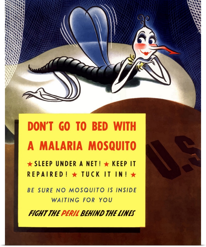 Digitally restored vector war propaganda poster. This vintage World War Two poster features a giant cartoon mosquito in th...