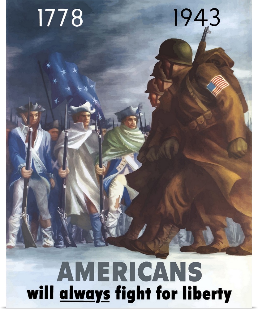 This vintage war poster features American Infantryman marching past Minutemen from the Revolutionary War. The top features...