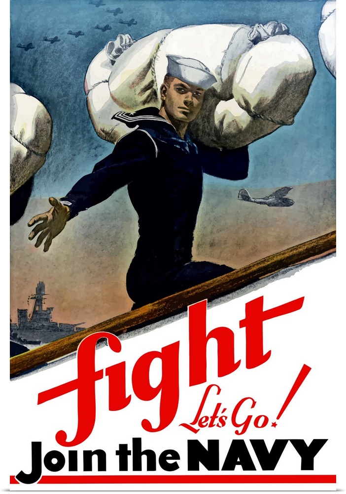 Digitally restored vector war propaganda poster. This vintage World War Two poster features a United States Sailor, Battle...