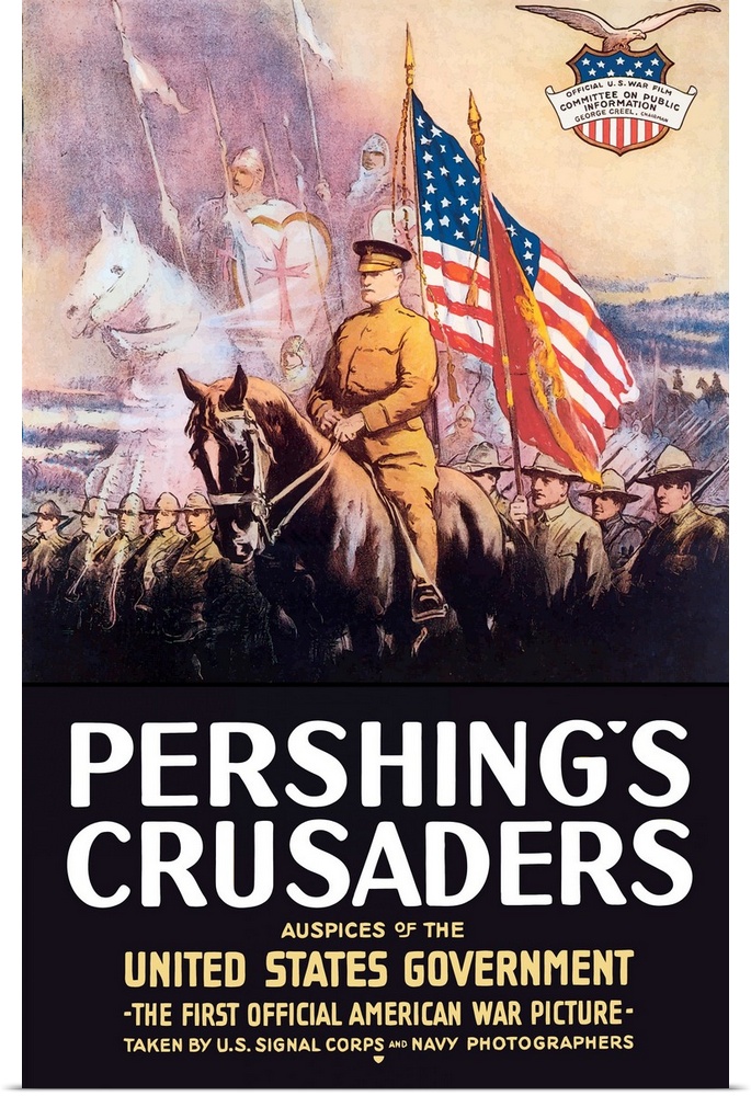 Digitally restored vector war propaganda poster. This vintage World War One poster features General John Pershing on horse...