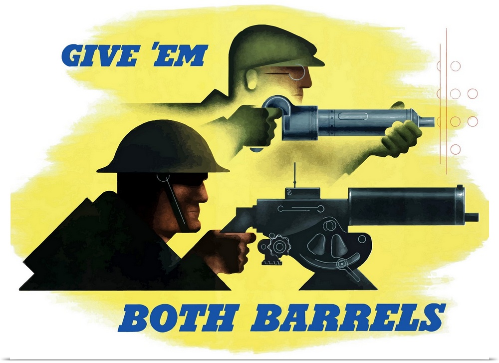 Digitally restored vector war propaganda poster. This vintage World War Two poster features a factory worker operating a r...