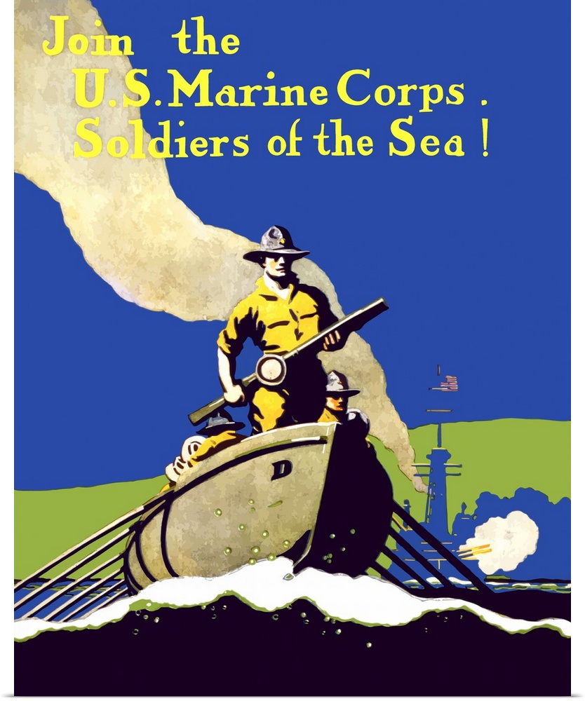 Digitally restored vector war propaganda poster. This vintage World War One poster features US Marines rowing toward land ...