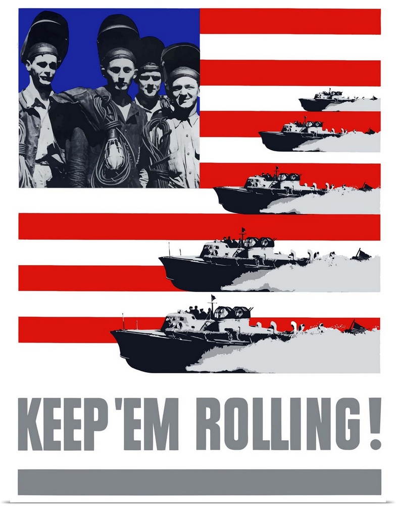 Digitally restored vector war propaganda poster. This vintage World War II poster features a red, white, and blue theme, c...