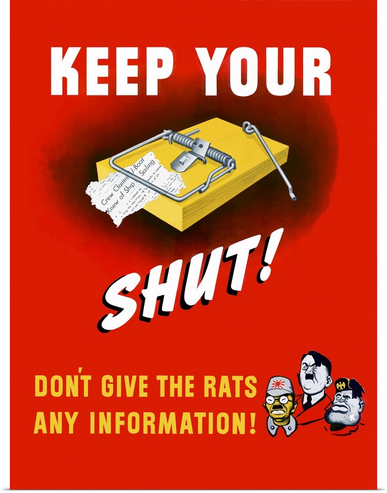 Digitally restored vector war propaganda poster. This vintage World War II poster features a giant mouse trap and the Axis...