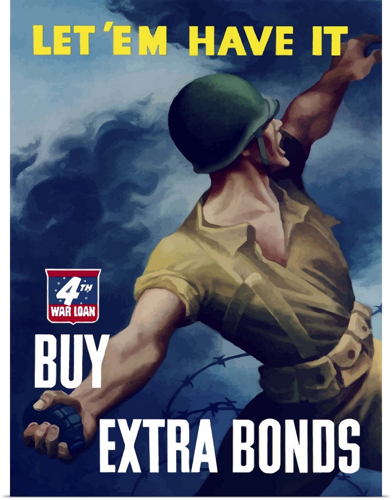 Digitally restored vector war propaganda poster. This vintage war poster features a soldier tossing a grenade over barbed ...