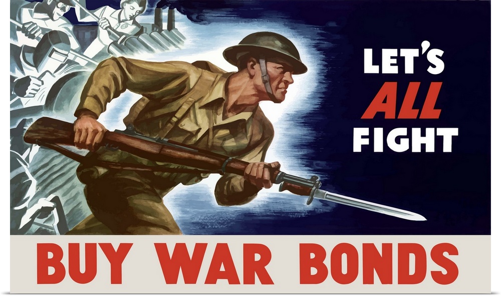 Digitally restored vector war propaganda poster. This vintage World War II poster features factory workers and a soldier c...