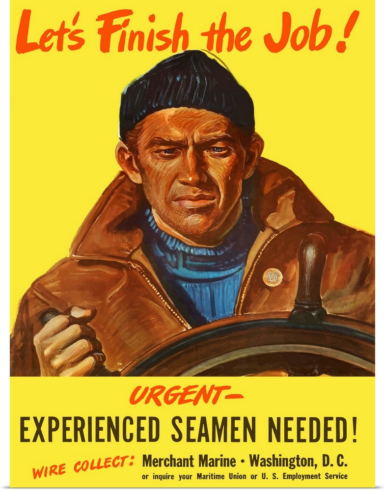 Digitally restored vector war propaganda poster. This vintage World War Two poster features a sailor at the helm of a ship...