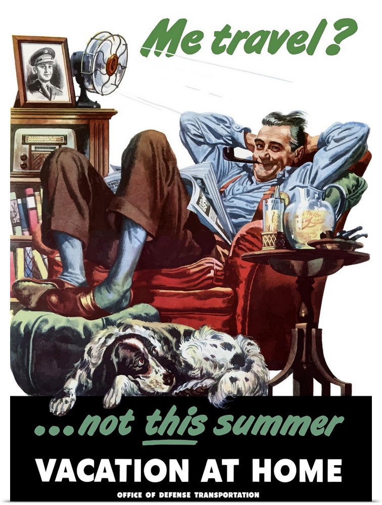 Digitally restored vector war propaganda poster. This vintage World War II poster features a father relaxing in his chair ...